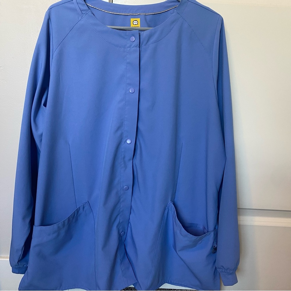 Wonderwink Womens Size 1X Ciel blue Scrub Jacket Crew Neck True Plus Fit Snap Up